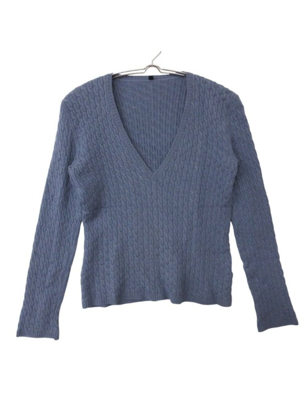 Loro Piana Knit Cashmere 100% Cable Sweater V-neck Top Long Sleeve Blue